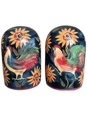 Vtg CIC SUSAN WINGET Ceramic Rooster Sunflower Oversized Salt & Pepper Shakers
